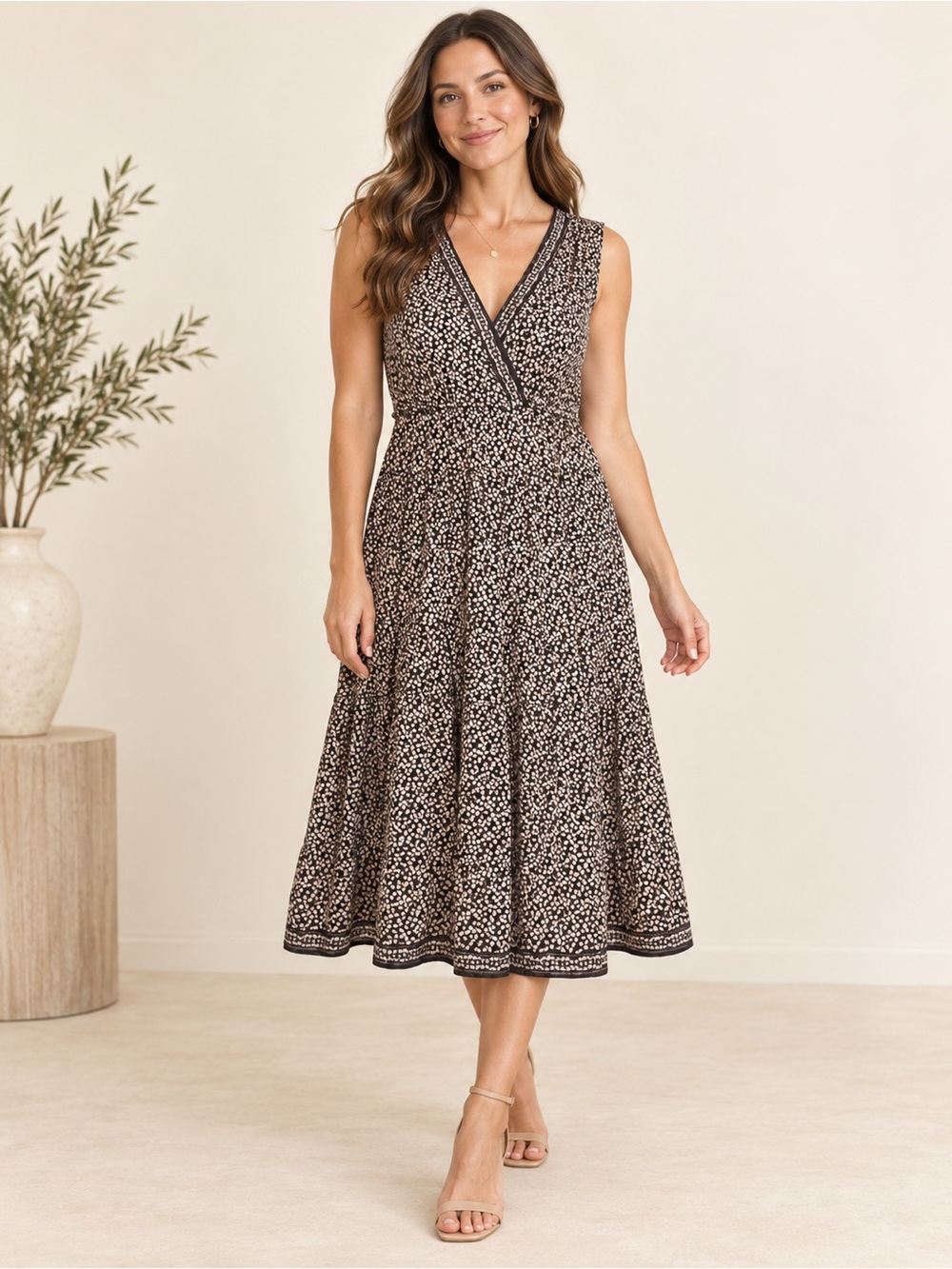 NWT Max Studio Women’s XL Black Coral Print Sleeveless Wrap Midi Dress